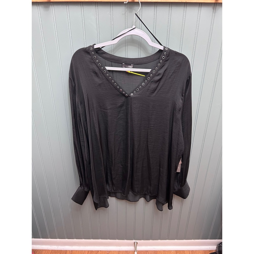 Vince Camuto Black Grommet V-Neck Hammered Satin Blouse 2X New 9259055